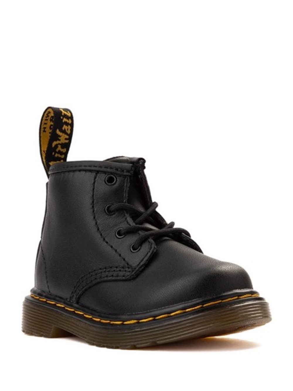Dr. Martens Black Leather Toddler Lace-Up Boot with Yellow Stitching